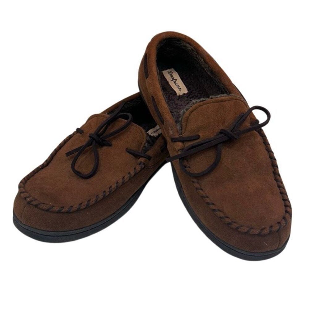 Dearfoams Toby Microsuede Moccasin Tie Slippers Men's Size 9-10 Brown